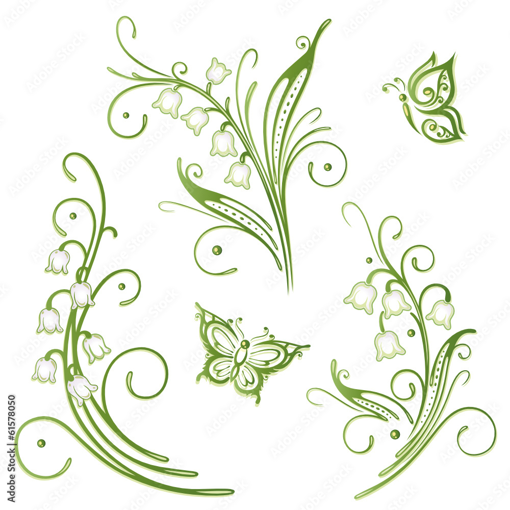 Maiglöckchen mit Schmetterlingen. Frühling, Blumen, Vektor Set. - obrazy, fototapety, plakaty 