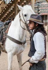 Fototapete - Sheriff and Horse at Mini Hollywood  Almeria Andalusia Spain