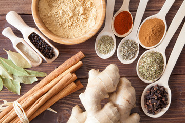 Spice assortment on a wooden table