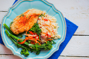 Wall Mural - Grilled chicken filled with spinach,served with rice and vegetab