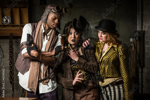 Obraz na płótnie canvas czteroczęściowy "tetraptyk" Steampunk trio z telefonem
