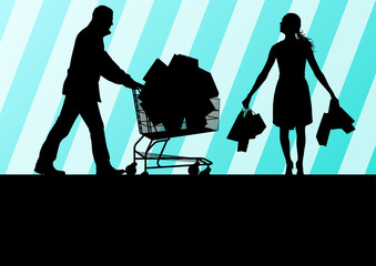 Women with shopping bags and man with shopping cart vector backg