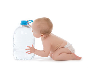 Wall Mural - Infant child baby girl sitting with big bottle of drinking water