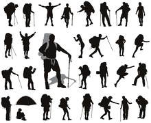People With Backpack Detailed Vector Silhouettes Set. EPS 8