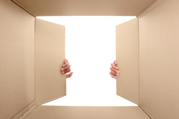 Canvas Print - hand open cardboard box