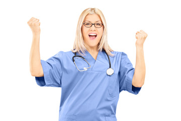 Wall Mural - Happy female doctor gesturing happiness