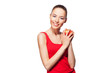 © milazvereva - lady in red with apple. isolated on white background