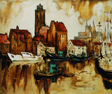 old harbour in the german city wismar, painting by oil on canvas