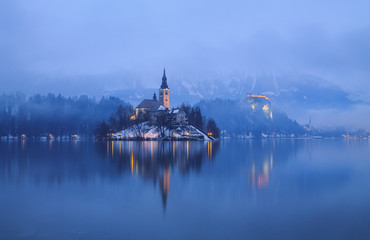 Foggy evening on Bled lake