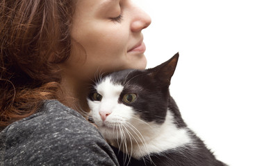 Wall Mural - beautiful young woman  with monochrome black and white cat isola