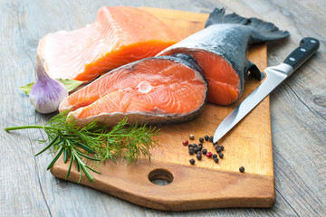 Raw salmon fish steaks