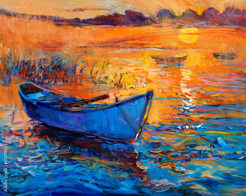 Obraz na płótnie canvas dwuczęściowy "dyptyk" Łódź i ocean