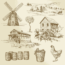Watermill And Windmill - Hand Drawn Collection