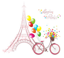 Eiffel Tower And Bicycle. Romantic Postcard From Paris.