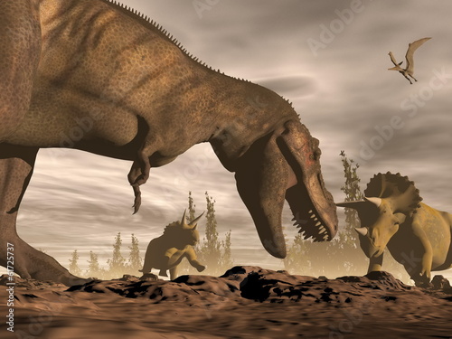 Fotoboard na płycie Tyrannosaurus ryczy przy triceratops - 3d odpłacają się