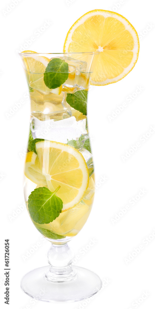 Glass of cocktail with lemon and mint isolated on white
