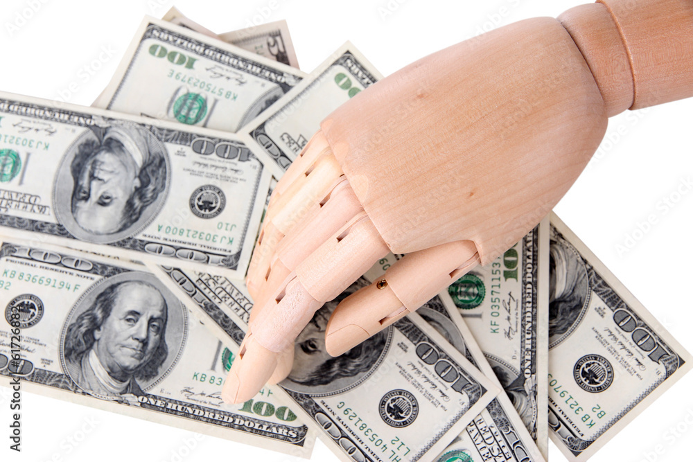 Money in wooden hand,  close-up