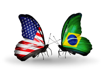 Two butterflies with flags USA and Brazil