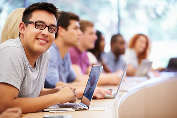 Wall Mural - class of university students using laptops in lecture