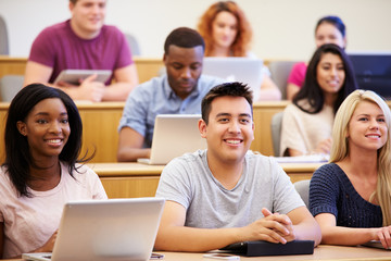 Wall Mural - students using laptops and digital tablets in lecture