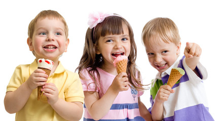 happy children or kids group with ice cream isolated on white