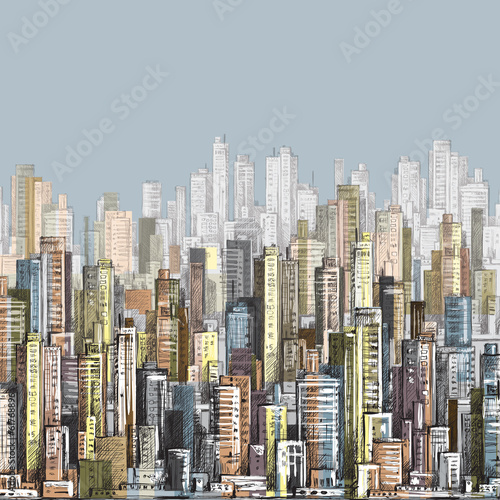 Naklejka - mata magnetyczna na lodówkę Cityscape. Hand drawn vector