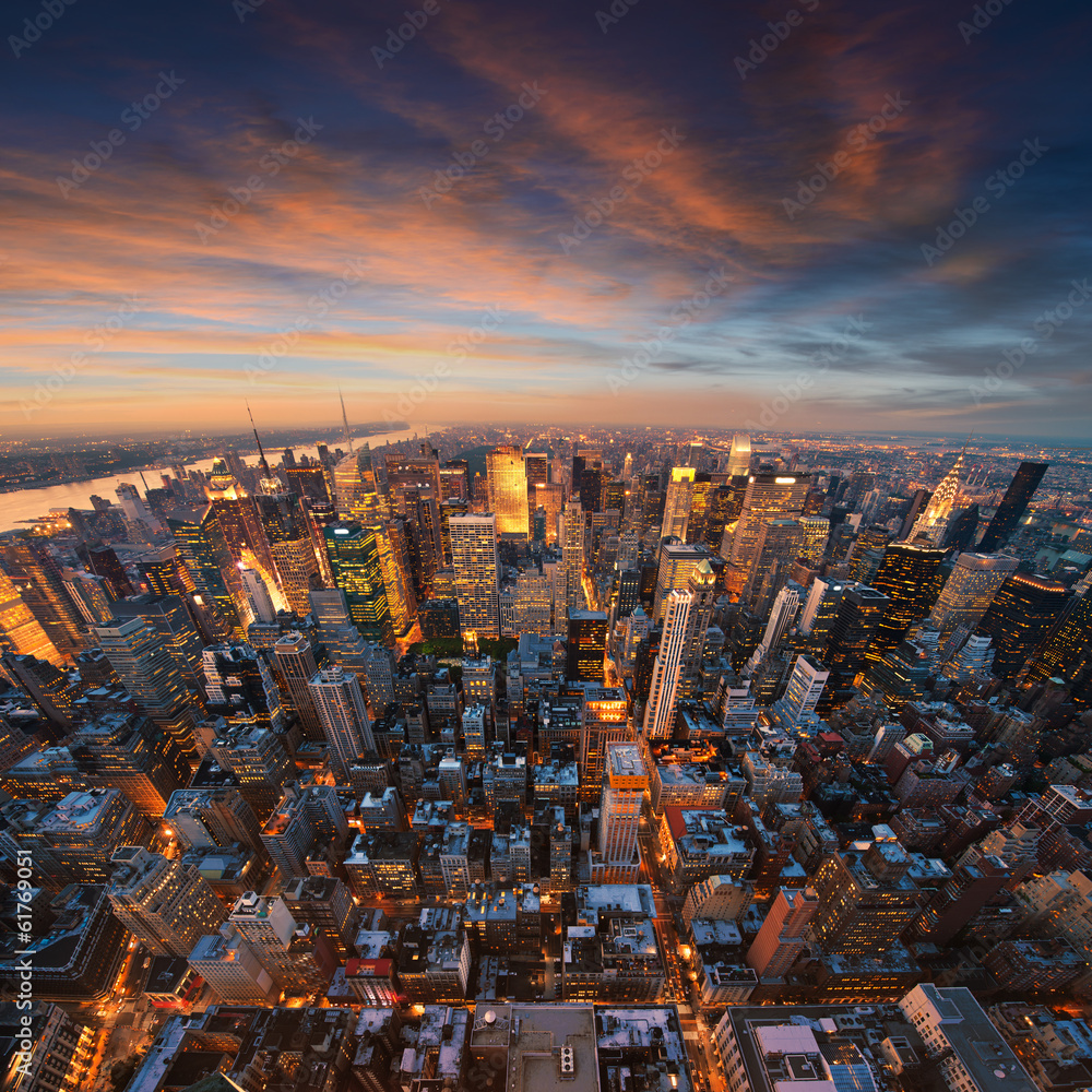Panorama Nowego Jorku o zachodzie słońca - obrazy, fototapety, plakaty 