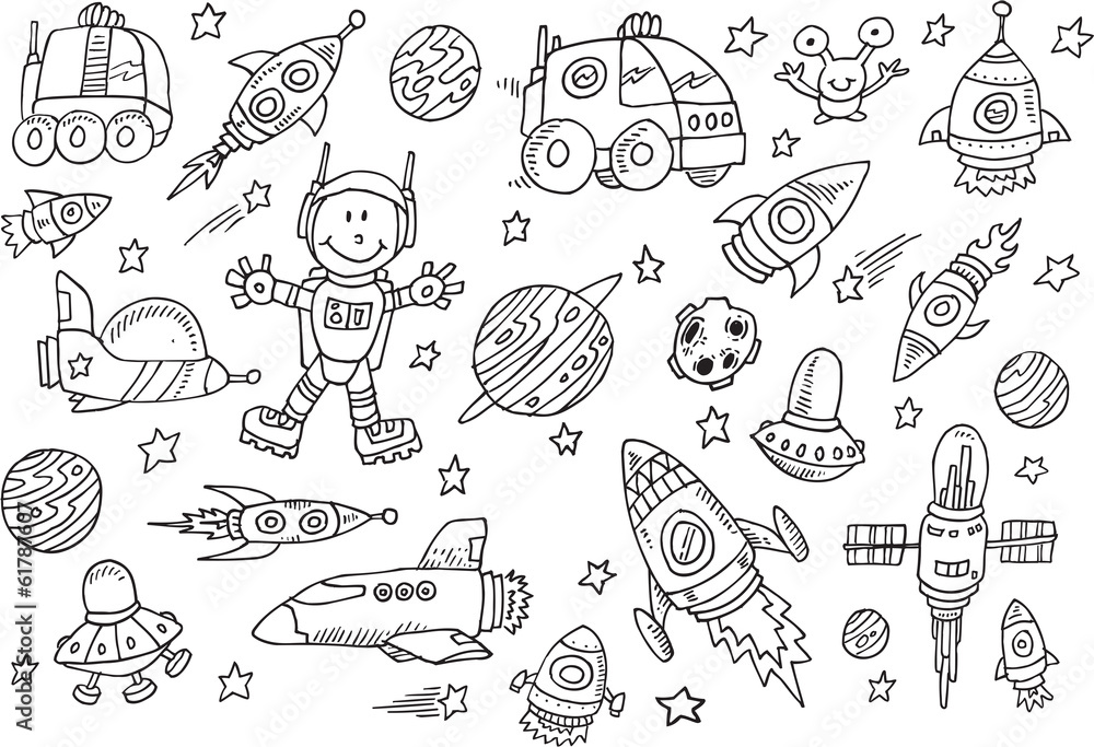Cute Space Sketch Doodle Vector Set Stock Vector | Adobe Stock