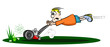 A cartoon guy cutting the grass with a run away lawn mower