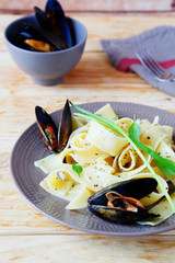 Poster - pasta with sauce and mussels