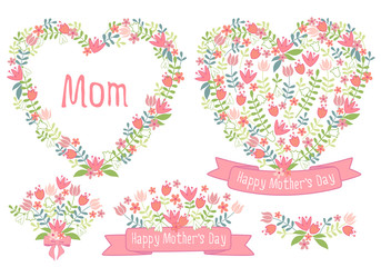 Wall Mural - happy mothers day, floral hearts, vector set