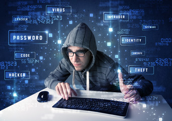 Fototapete - Hacker programing in technology enviroment with cyber icons