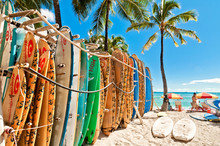 Surfboards In The Rack At Waikiki Beach - Honolulu