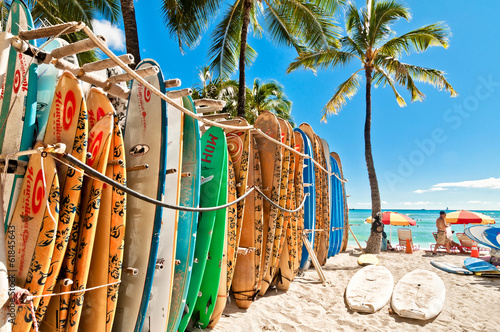 Dekoracja na wymiar  deski-surfingowe-w-stojaku-na-plazy-waikiki-honolulu