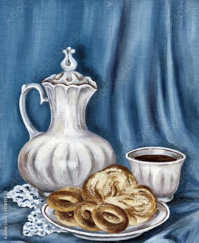 Naklejka na meble Painting: jug, bread and coffee cup