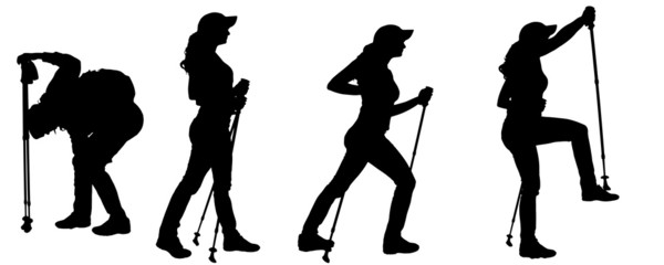 Poster - Vector silhouettes of people with trekking stick.