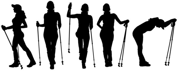 Poster - Vector silhouettes of people with trekking stick.