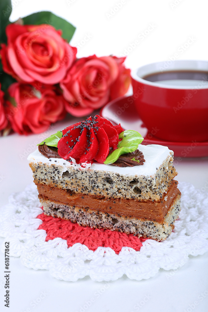 Tasty cake on table close-up