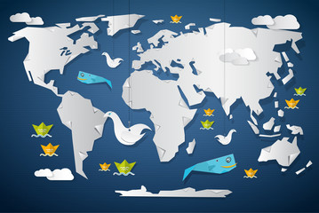 Wall Mural - Vector Paper World Map Illustration  with Fish, Birds and Boats