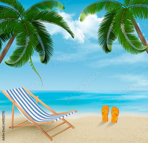 Board z aluminiowym obramowaniem Plaża z palmami i leżakiem. 