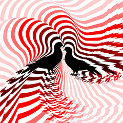 Silhouette of two doves. Design colorful striped twisting lines