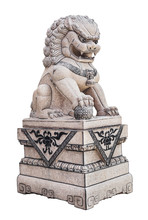 Chinese Stone Lion Sculpture On White With Clipping Path