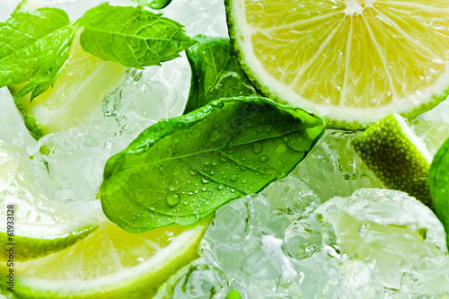 Fotoboard na płycie Kawałki limonki i liście mięty z lodem