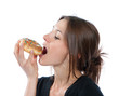 Woman enjoy donut. Unhealthy junk food concept