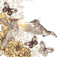 Poster - Cute vector  pattern with birds and  butterflies