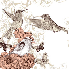 Wall Mural - Vector background  with birds and  butterflies