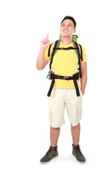 Poster - male hiker with backpack pointing up