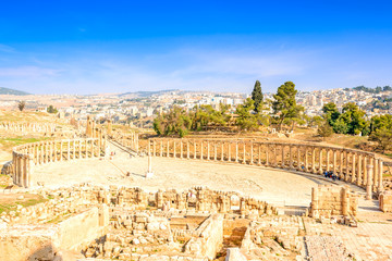 Wall Mural - Oval Forum in the ancient Jordanian city of Jerash, Jordan.