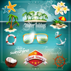 Vector Summer Holiday Icon set on blue sea background.