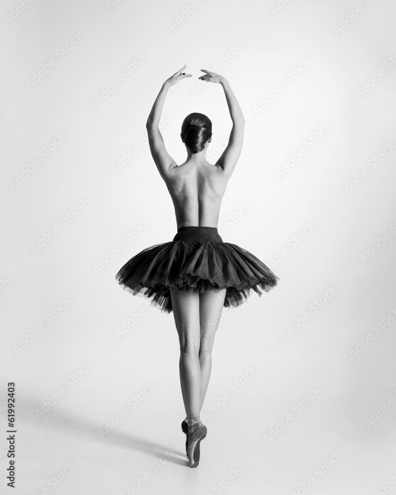 Black and white trace of a topless ballet dancer - obrazy, fototapety, plakaty 